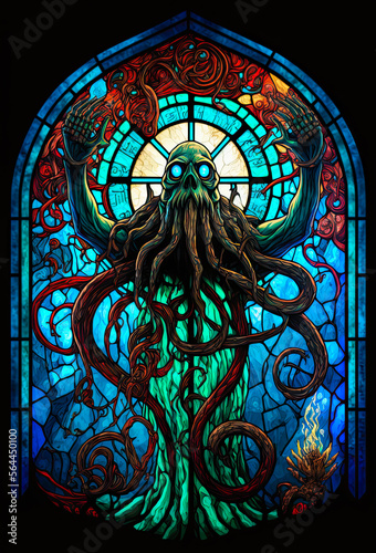 An eldritch monster, stained glass window. Generative AI photo