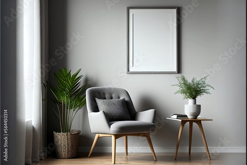 Blank picture frame mockup on gray wall Modern living room © Hugo