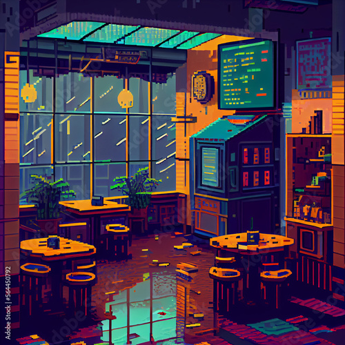 Pixel art Illustration of cafeteria on a rainy day in the city Generative © Alex