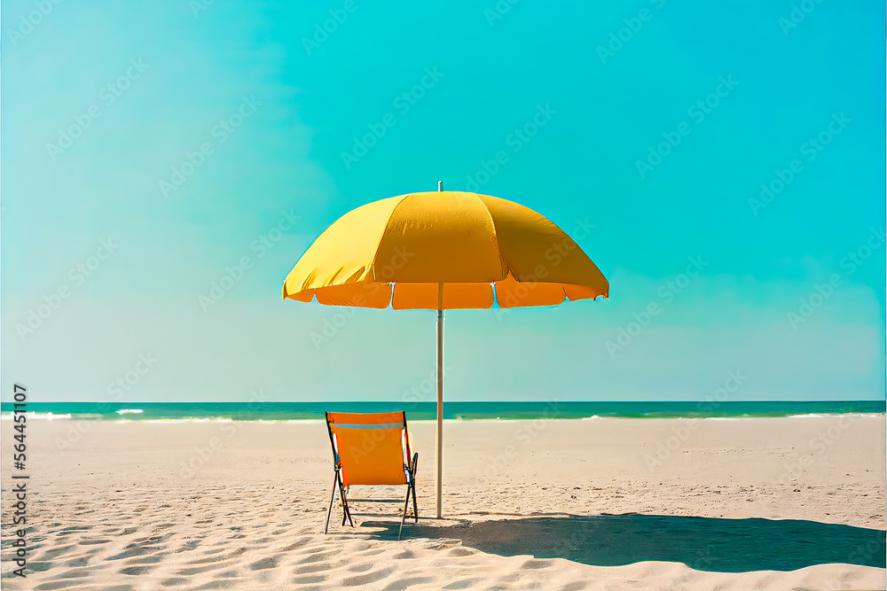 beach landscape with chair and yellow parasol on the sand facing the sea - obrazy, fototapety, plakaty 