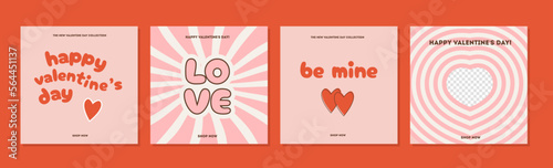 Set of Valentines greeting cards in retro 60s 70s 80s groovy style. Sale square banner for social media post. Love creative minimalist print. Web background. Poster template vector flat illustration.