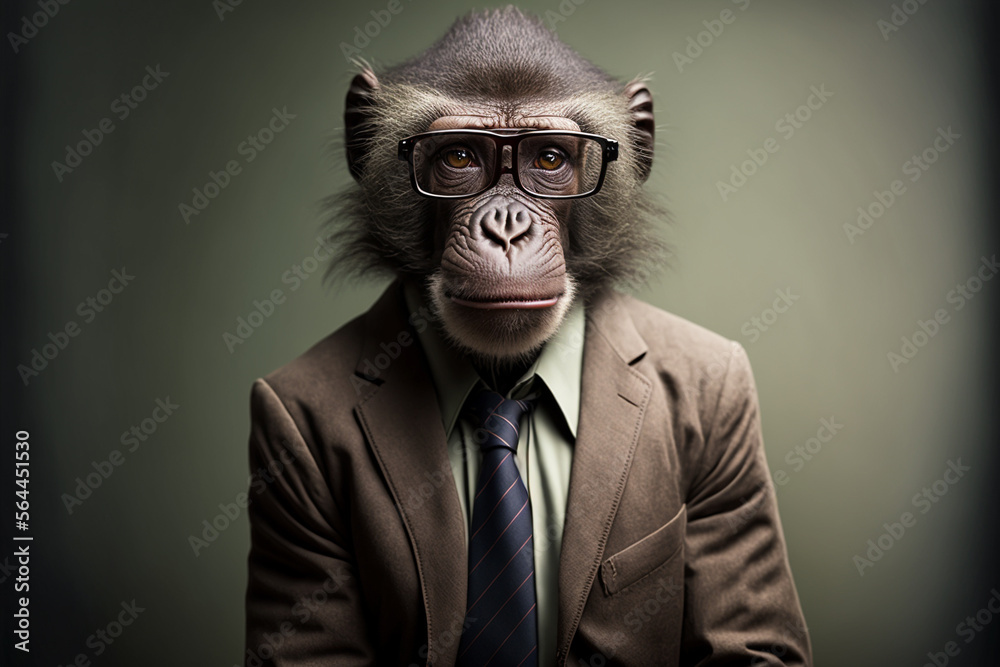 Baboon business portrait dressed as a manager or ceo in a formal office business suit with glasses and tie. Ai generated Baboon business portrait dressed as a manager or ceo in a formal office business suit with glasses and tie. Ai generated