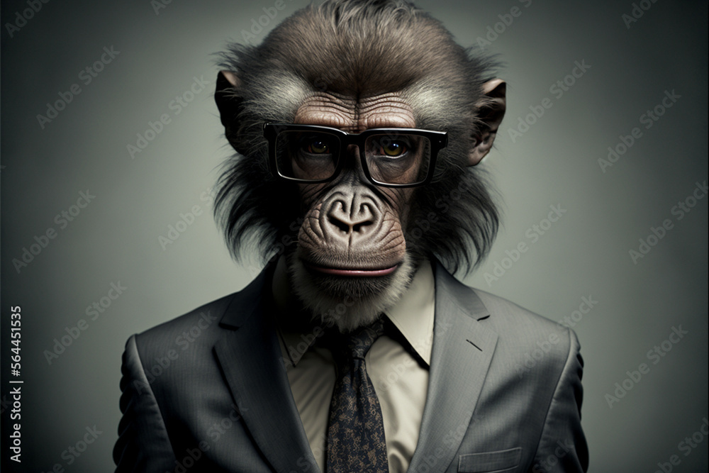 Baboon business portrait dressed as a manager or ceo in a formal office business suit with glasses and tie. Ai generated
