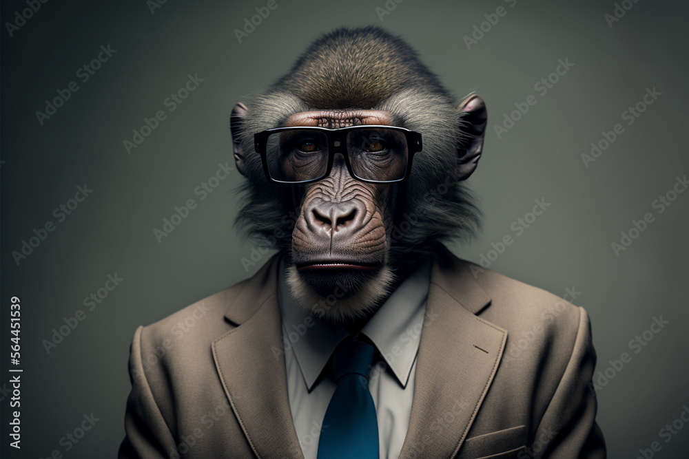 Baboon business portrait dressed as a manager or ceo in a formal office business suit with glasses and tie. Ai generated Baboon business portrait dressed as a manager or ceo in a formal office business suit with glasses and tie. Ai generated