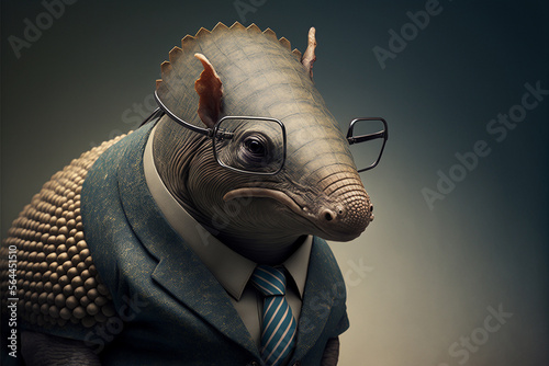 Armadillo business portrait dressed as a manager or ceo in a formal office business suit with glasses and tie. Ai generated photo