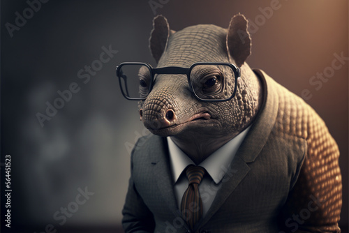 Armadillo business portrait dressed as a manager or ceo in a formal office business suit with glasses and tie. Ai generated photo