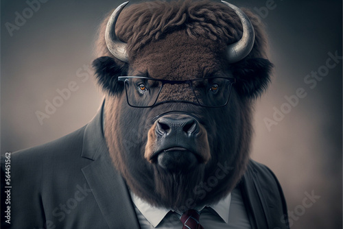 Bison business portrait dressed as a manager or ceo in a formal office business suit with glasses and tie. Ai generated