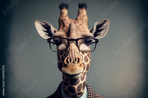 Giraffe business portrait dressed as a manager or ceo in a formal office business suit with glasses and tie. Ai generated