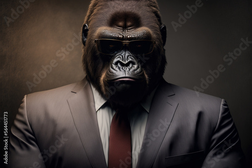 Gorilla business portrait dressed as a manager or ceo in a formal office business suit with glasses and tie. Ai generated