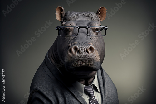 Hippopotamus business portrait dressed as a manager or ceo in a formal office business suit with glasses and tie. Ai generated © dragomirescu