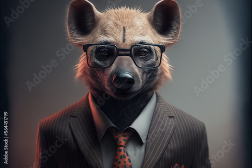 Hyena business portrait dressed as a manager or ceo in a formal office business suit with glasses and tie. Ai generated © dragomirescu