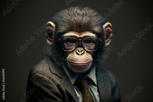 Monkey business portrait dressed as a manager or ceo in a formal office business suit with glasses and tie. Ai generated
