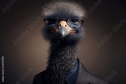 Ostrich business portrait dressed as a manager or ceo in a formal office business suit with glasses and tie. Ai generated