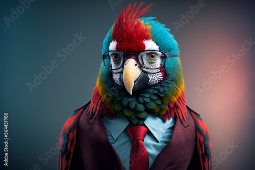 Parrot business portrait dressed as a manager or ceo in a formal office business suit with glasses and tie. Ai generated photo