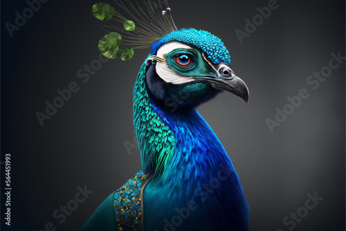 Peacock business portrait dressed as a manager or ceo in a formal office business suit with glasses and tie. Ai generated