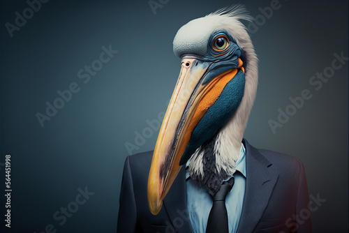 Pelican business portrait dressed as a manager or ceo in a formal office business suit with glasses and tie. Ai generated