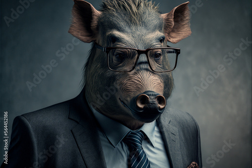 Warthog business portrait dressed as a manager or ceo in a formal office business suit with glasses and tie. Ai generated