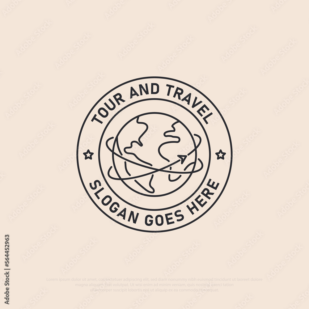Obraz premium Global Tour and travel logo vector with line art style, best for travel, holiday, outdoor activity icon logo illustration