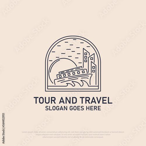 Tour and travel logo vector with cruise ship in the moon light with line art style, best for travel, holiday, outdoor activity vector illustration