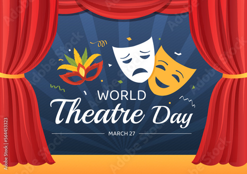 World Theatre Day on March 27 Illustration with Masks and to Celebrate Theater for Web Banner or Landing Page in Flat Cartoon Hand Drawn Templates