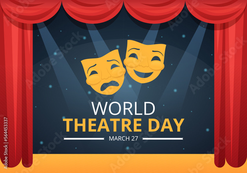 World Theatre Day on March 27 Illustration with Masks and to Celebrate Theater for Web Banner or Landing Page in Flat Cartoon Hand Drawn Templates