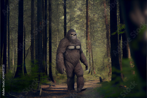 Bigfoot walking in a green forest on path  Generative AI. © Jeff Whyte
