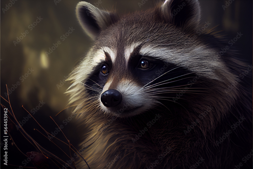 Close up portrait of a racoon; genereative AI.