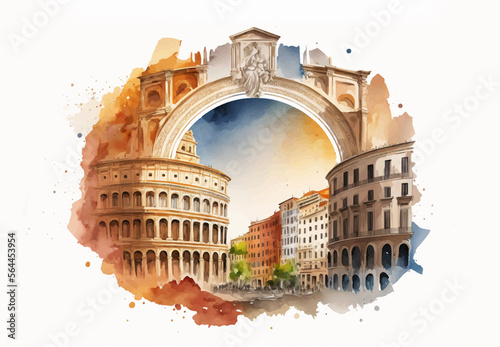 roma city concept watercolor panoramic. Front view. Generative AI