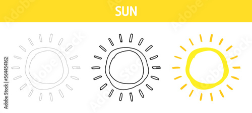 Sun tracing and coloring worksheet for kids