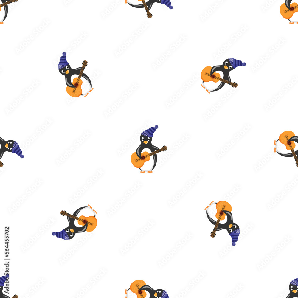 Penguin with guitar pattern seamless background texture repeat wallpaper geometric vector