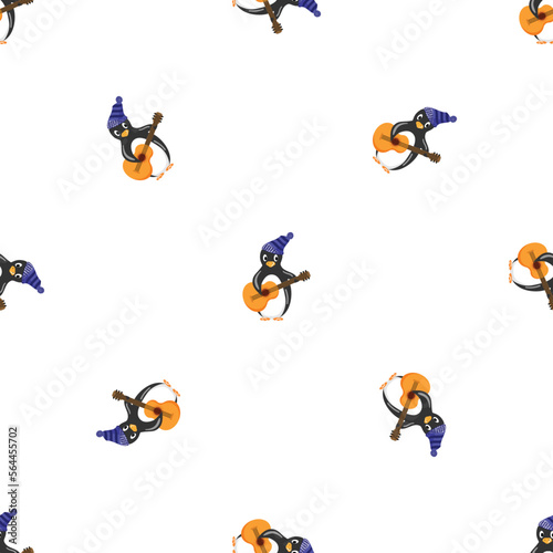 Penguin with guitar pattern seamless background texture repeat wallpaper geometric vector
