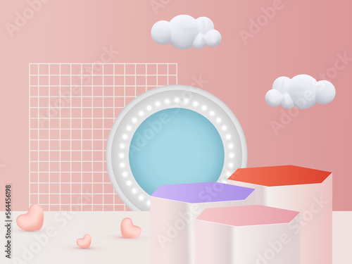 3D geometrical Abstract background vector illustration with pink little hearts. Happy Valentine's Day. © ashish