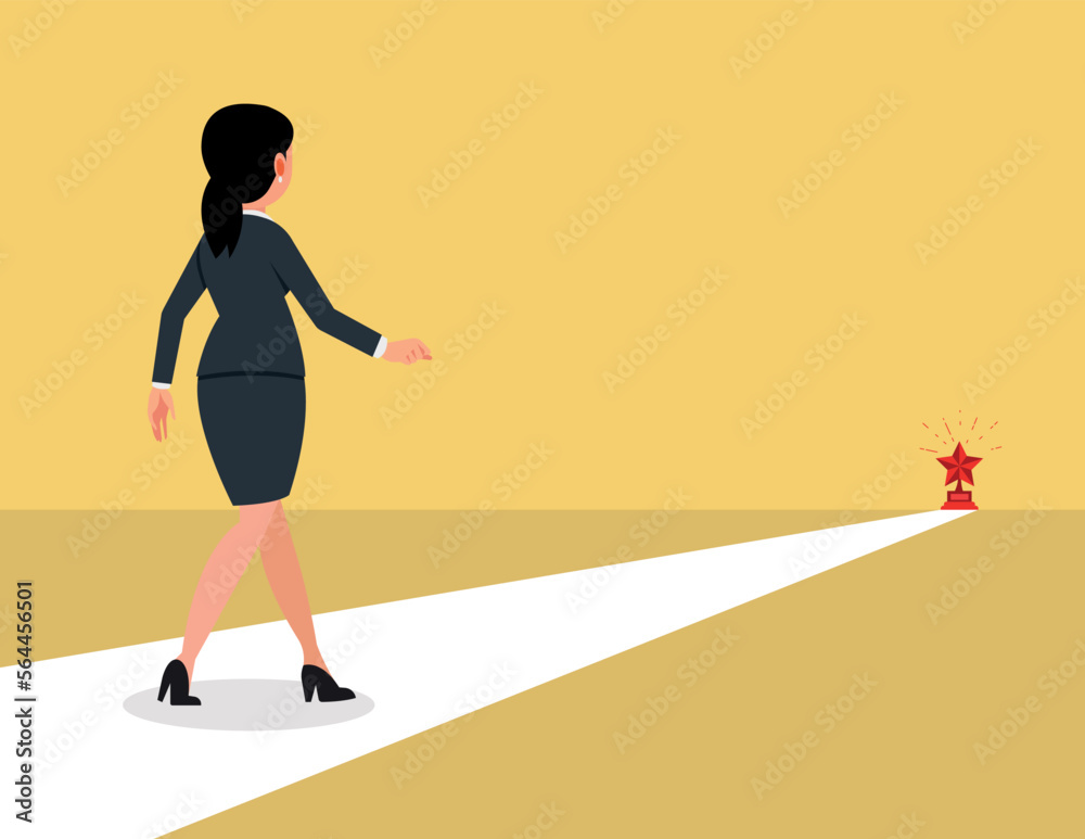 Way to get Success Concept. Business woman is walking to the winner cup