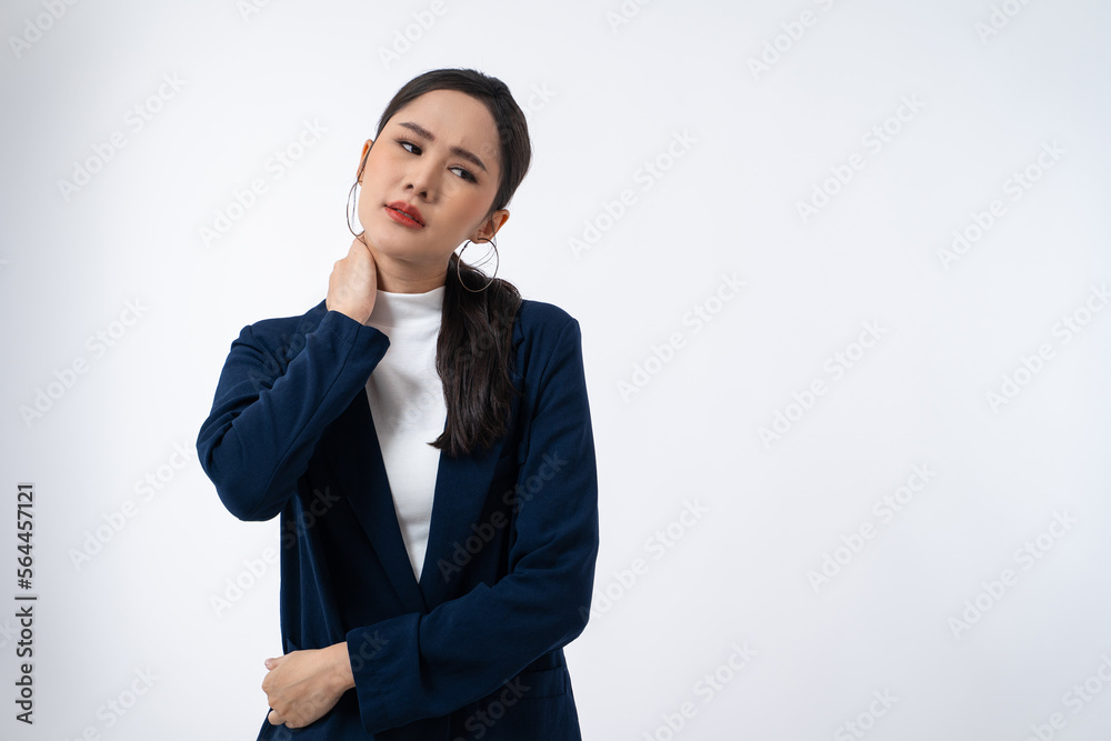 Tired Asian businesswoman in stress works isolated on white background. Tired Asian businesswoman in stress works isolated on white background.