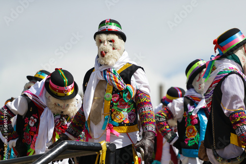 Folkloric dancers dancing the "Tunantada" in traditional dress, representing Peruvian culture.