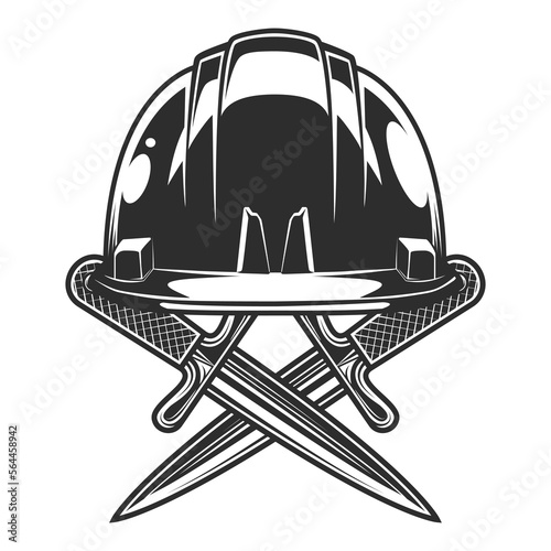 Crossed knife and business builder hard hat from new construction and remodeling house in vintage monohrome style illustration