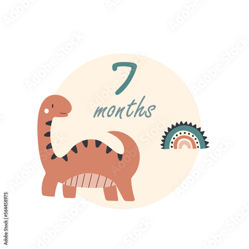 7 seven months Baby month anniversary card metrics. Baby shower print with cute animal dino, flowers and palm capturing all special moments. Baby milestone card for newborn.