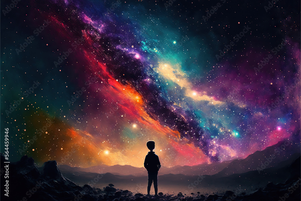 boy looking for a colorful galaxy in the sky. Generative Ai