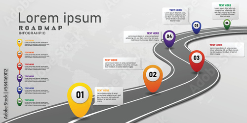 Roadmap and numbers of pin infographic vector illustration with colorful topic information, timeline progress target milestone concept