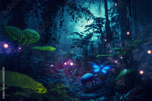 Glowing dots at plants and trees at avatar planet pandora. neon glowing insects in jungle on night photo