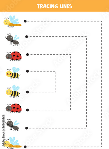 Tracing lines for kids. cute smiling insects for children.