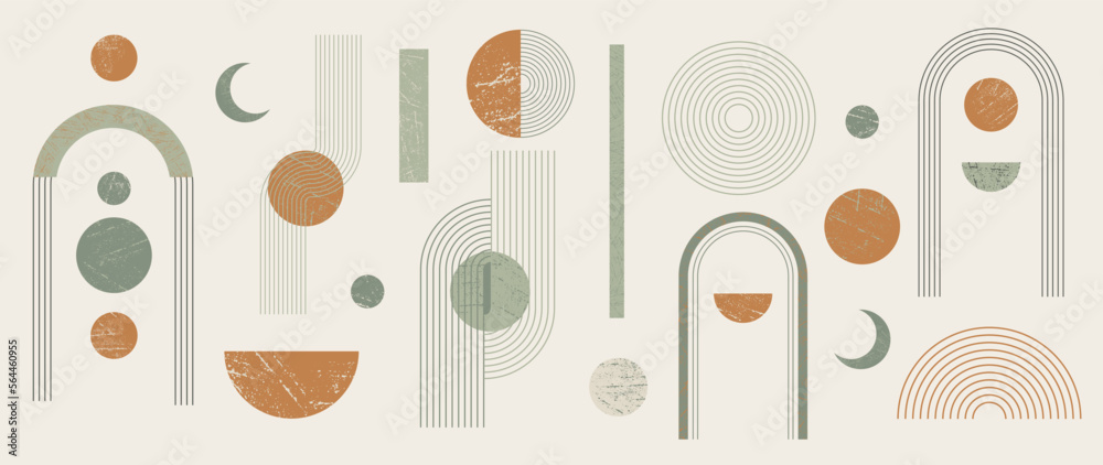 Hand drawn abstract minimal element mid century vector set. Aesthetic contemporary stripe line art, watercolor geometric shapes in nude colors. Art form design for wall art, decoration, wallpaper.