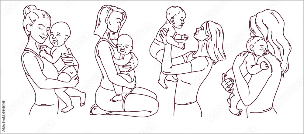 Seth woman with a child. Line drawing by hand. The mother holds the child in her arms and hugs. Children's hands in the hands of the mother. Vector in flat lay