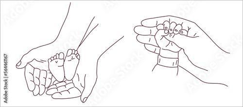 Set woman with a child. Line drawing by hand. Children's hands in the hands of the mother. Vector in flat lay