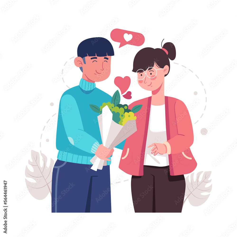 A romantic boyfriend gives a bunch of flowers to his darling girlfriend. Happy young couple portrait. Valentine's Day and happy anniversary concept. A romantic boyfriend gives a bunch of flowers to his darling girlfriend. Happy young couple portrait. Valentine's Day and happy anniversary concept.