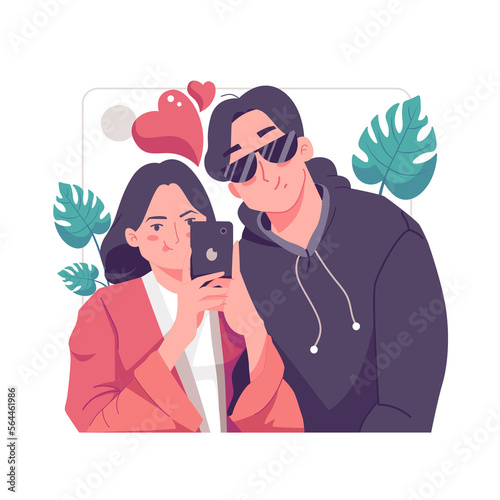 Romantic lovers are taking selfie with great passion. Happy young couple portrait. Valentine's Day and Happy Anniversary concept.