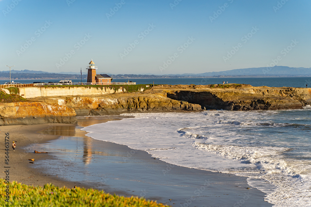 View of the ocean coast and Lighthouse Field State Beach and surfing museum, Santa Cruz 