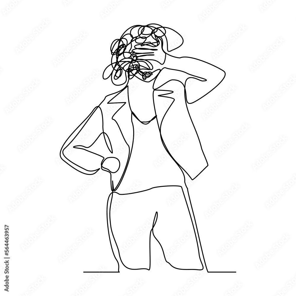 Continuous singe one line drawing art of stress confusing people because any problem. Vector illustration of business woman mess feeling with round scribbles instead of a head. Continuous singe one line drawing art of stress confusing people because any problem. Vector illustration of business woman mess feeling with round scribbles instead of a head.