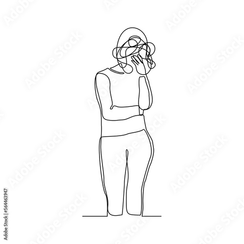 Continuous singe one line drawing art of stress confusing people because any problem. Vector illustration of business woman mess feeling with round scribbles instead of a head.