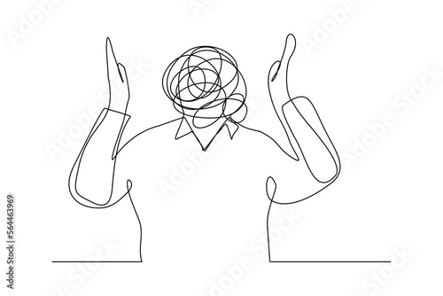 Continuous singe one line drawing art of stress confusing people because any problem. Vector illustration of business people mess feeling with round scribbles instead of a head.